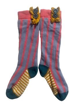 Matilda Jane Girls Knee High Socks Pink Blue Striped Button Accent One Size